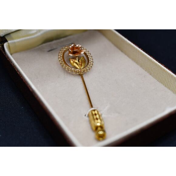 Vintage Signed Rose Flower Stick Pin, 14K Gold Overlay, In Original Box - Picture 9 of 10